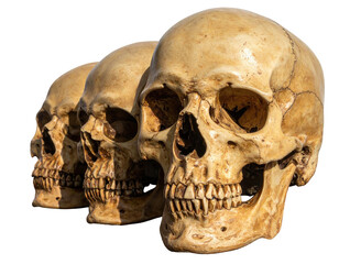 Obraz premium Three human skulls in a row, close-up with a black background