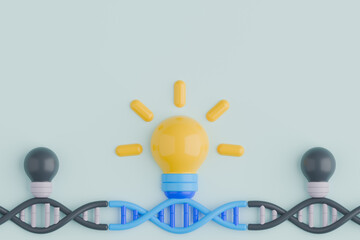 3D illustration representing gene expression where a specific DNA segment is activated, symbolized by a glowing yellow light bulb.