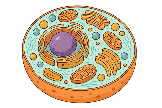 Illustration of a cell showing various organelles and structures in a detailed design for educational purposes