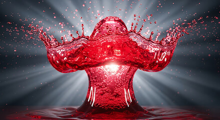 A vibrant red liquid splash freezes in midair, resembling a crown, set against a dramatic backdrop of radiating light, creating a dynamic and visually striking composition with energy and movement