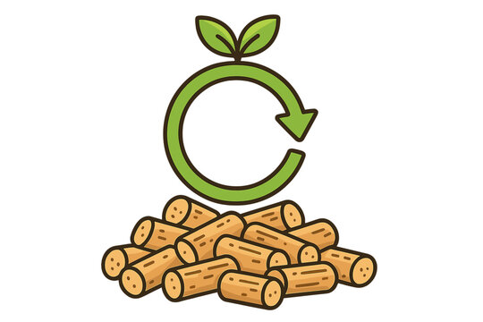 Wood pellets on the ground with a recycling symbol and plant sprout above them showing sustainability in action