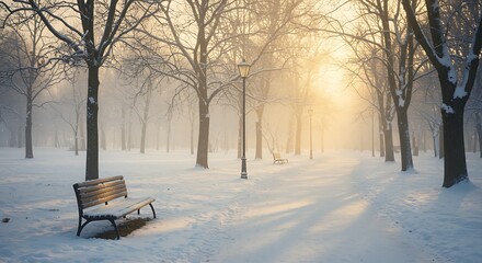 snowy park with benches and trees at sunrise