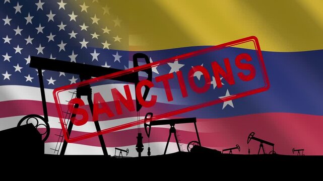 Sanctions, embargo on Venezuelan gas and oil. Crude oil production. Silhouettes of oil pumps against the backdrop of the United States and Venezuelan flag. The concept of oil imports and exports.