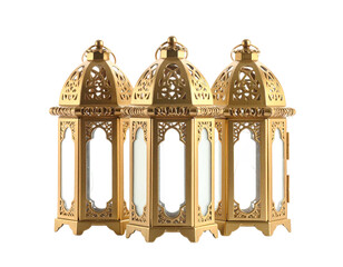 Three ornate, golden lanterns with intricate cut-out designs, illuminated against a black backdrop