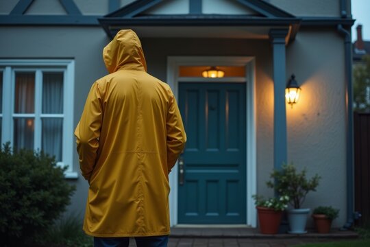 Man in Raincoat Knocks on Door, Signifying Debt Collection Visit.