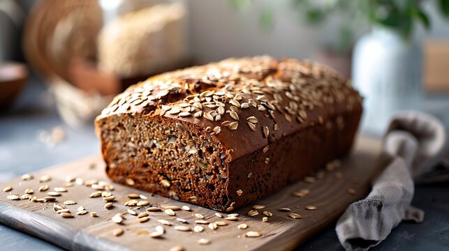 Loaf of dark, hearty oat bread rests on a wooden cutting board.