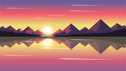 Pixelated sunset landscape with silhouetted mountains and a reflective water surface