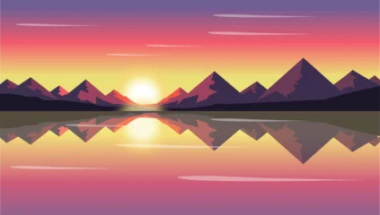 Fotobehang Zalm Pixelated sunset landscape with silhouetted mountains and a reflective water surface  © The Artist