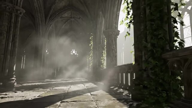 Atmospheric view inside a dark, ruined gothic cathedral or castle hallway with dramatic light rays and fog