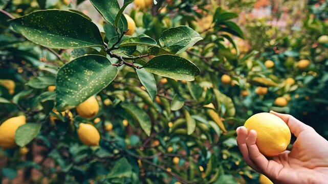 Farmer's hand gently picking a ripe yellow lemon from a tree in an organic grove. Healthy citrus fruit harvesting during the season in a lush green garden, symbolizing fresh, natural produce