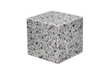 Granite type textured cube displaying a rough, solid surface and black spots, offering a geometric shape on a transparent background