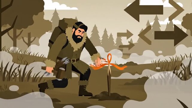 Bearded Explorer Journeying Through Forest, Cartoon Style Animated Clip With Arrows and Fog