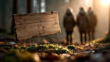 A wooden sign hangs in a misty forest, inviting visitors into the serene woods. Three figures fade into the background.