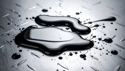 Black oil puddles on metal diamond plate floor in workshop