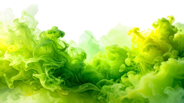 Green smoke fog overlay, bright neon lime mist texture isolated on transparent background for toxic gas or fantasy effect