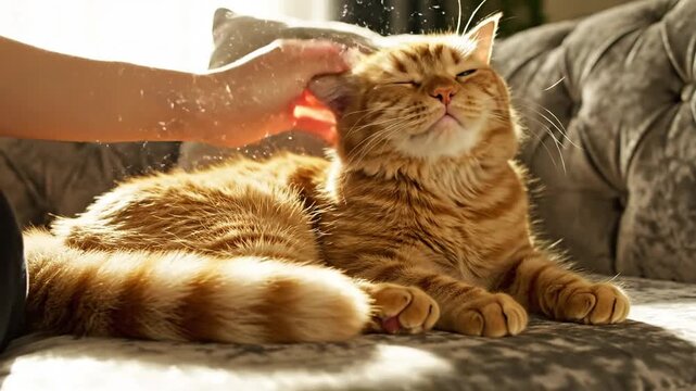 Ginger cat relaxing on a couch being petted by a person.