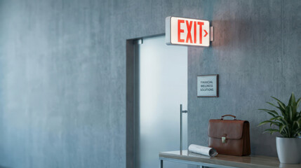 Voluntary repossession event in corporate office exit sign and bag modern environment professional viewpoint