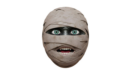 Spooky mummy head wrapped in old bandages for Halloween, cut-out on transparent background, creepy 3D character high quality Png