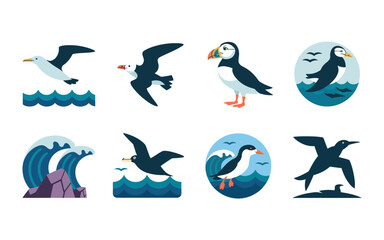Obraz premium Seabird icons set, gull, puffin, cormorant silhouettes, ocean wave circles, coastal cleanup day poster, marine wildlife festival branding, vector