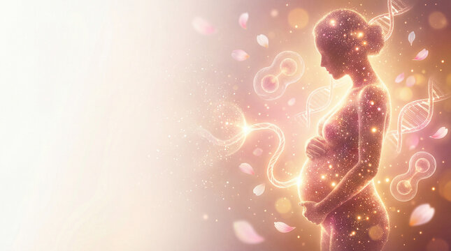 Silhouette of a pregnant woman formed by glowing particles surrounded by DNA strands and cell structures, symbolizing life, genetics, and fertility