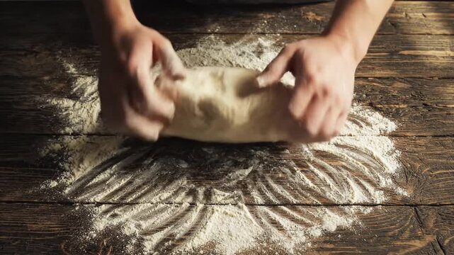 Hands kneading dough on a wooden surface covered in flour.