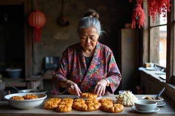 A Taiwanese senior in hakka outfit crafting homemade treats for National Day festivities.