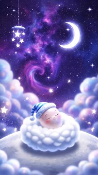 Baby Sleeping in the Clouds under Starry Sky - A cartoon baby wearing a blue striped nightcap sleeps peacefully on a cloud bed.