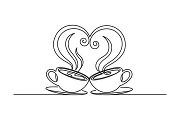 Minimalist line art of two coffee cups with heart steam for romantic morning date concept