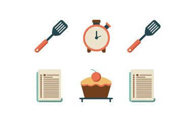Home baking session icons, kitchen timer, spatula tools, mixing bowl with cupcake, recipe sheets, cooking class workshop, pastry training graphics
