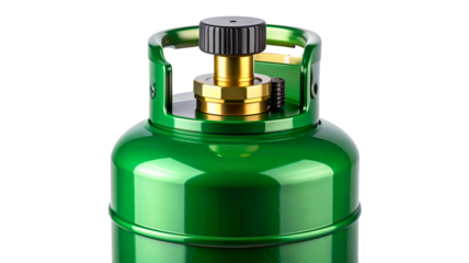 Green propane gas cylinder isolated on transparent background, a portable container for storing and transporting fuel for heating and cooking purposes