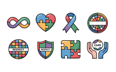 Neurodiversity celebration icons, puzzle heart badges, globe with pieces, helping hands, community support, autism awareness day, inclusive event vector illustration