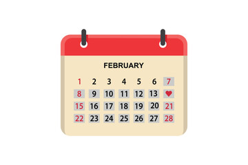Detailed February calendar page for valentine day 14th holiday reminder and romantic event planning concept