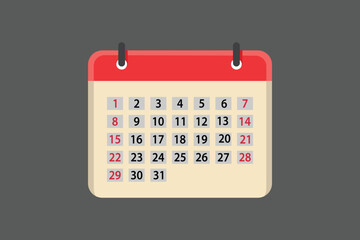 Monthly calendar page with red symbol for romantic event reminder and valentine holiday schedule