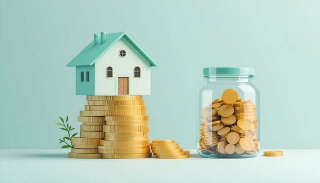 Home ownership savings and mortgage investment concept 3D illustration with copy space for real estate blog banner