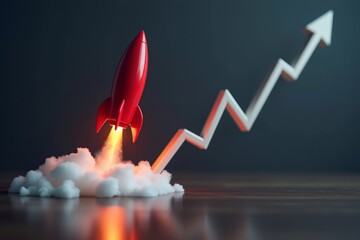 A striking image of a red rocket plummeting next to a declining graph with a downward arrow on a reflective surface, representing challenges and uncertainties in the world of business.