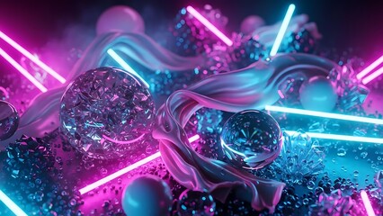 Vibrant neon lights dance around crystal orbs and shiny objects