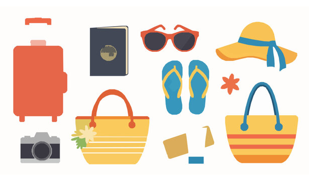 Travel summer set tropical vacation objects flat vector illustration