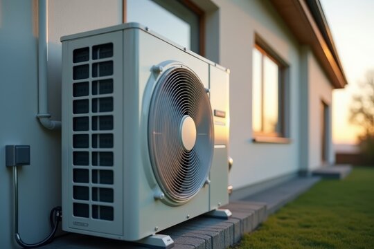 Close-Up of Ductless Mini Split Air Conditioner Heat Pump in Operation: Industrial Unit Outside House with Fan Blowing and System Running Efficiently