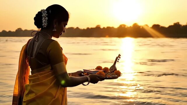 Hindu Devotee Performing Ritual with Offerings at Sunset on Sacred River.