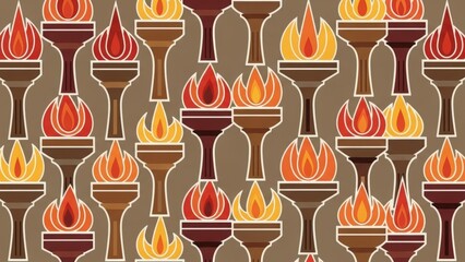 Seamless Pattern of Stylized Torches with Flames in Warm Tones.