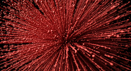 A captivating closeup shot showcasing a vibrant explosion of red particles emanating from a central point, creating a dynamic and visually striking pattern against a dark background, evoking a sense o
