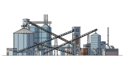 Obraz premium A detailed illustration of an industrial grain elevator complex with multiple silos and conveyor belts under a clear sky.