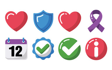 Health awareness event icons, heart symbol, protective shield, ribbon support, calendar date, checklist ticks, information badge, community campaign graphics