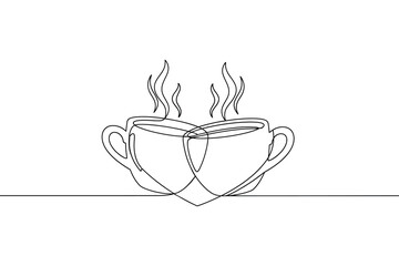 Minimalist line art of two coffee cups with heart steam for romantic morning date concept