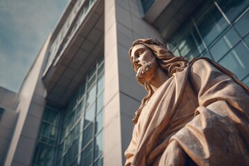 Fototapeta premium Religious statue of a figure with a beard stands before a modern building.