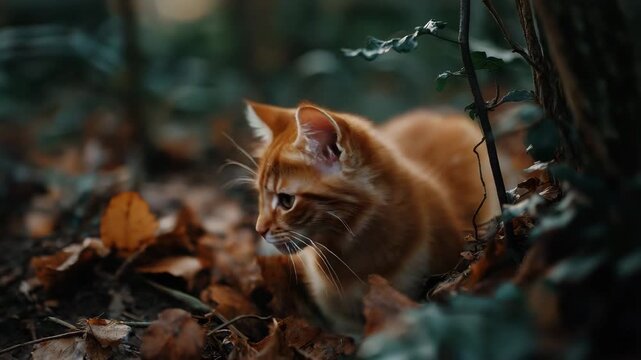 Curious orange cat exploring forest with autumn leaves