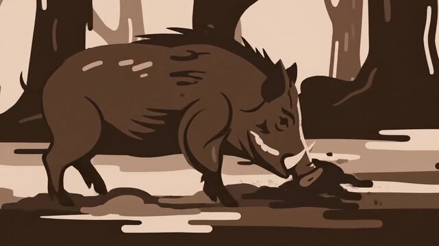 Animated Wild Boar Foraging Through The Forest In Cartoon Style With Nature Details