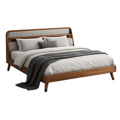 Modern Wooden Bed with White Bedding and Blanket PNG