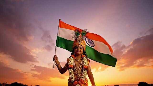 Little boy dressed as Lord Krishna holding Indian flag at sunset.