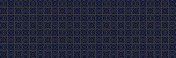 Blue Tile Line Seamless Pattern. Elegant Geometrical Vector Illustration. Gold Modern Minimal Shapes. Luxury Background. Art Deco Nouveau Outline.